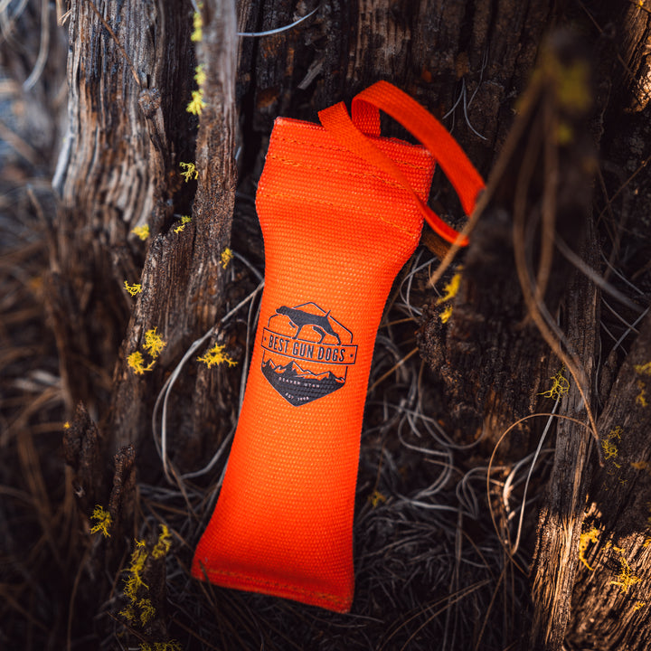 Small - Best Gun Dogs Firehose Training Dummy in bright orange with reinforced stitching and throw strap resting on tree bark.