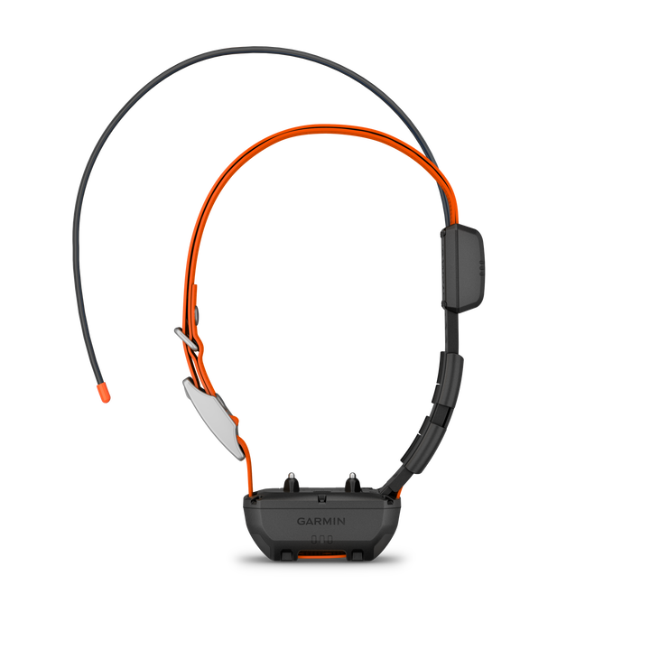 Garmin Alpha® TT Dog Collar with GPS tracking, training stimulation, vibration, tone, and LED beacon lights, universally sized.