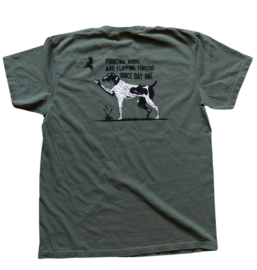 Pointing Birds & Flipping Fingers GSP Pointing Shirt with dog pointing bird and flipping finger design on back in black and white.