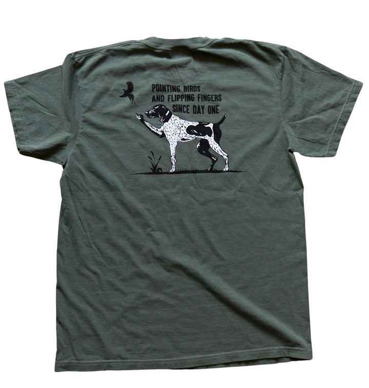 Pointing Birds & Flipping Fingers GSP Pointing Shirt with dog pointing bird and flipping finger design on back in black and white.