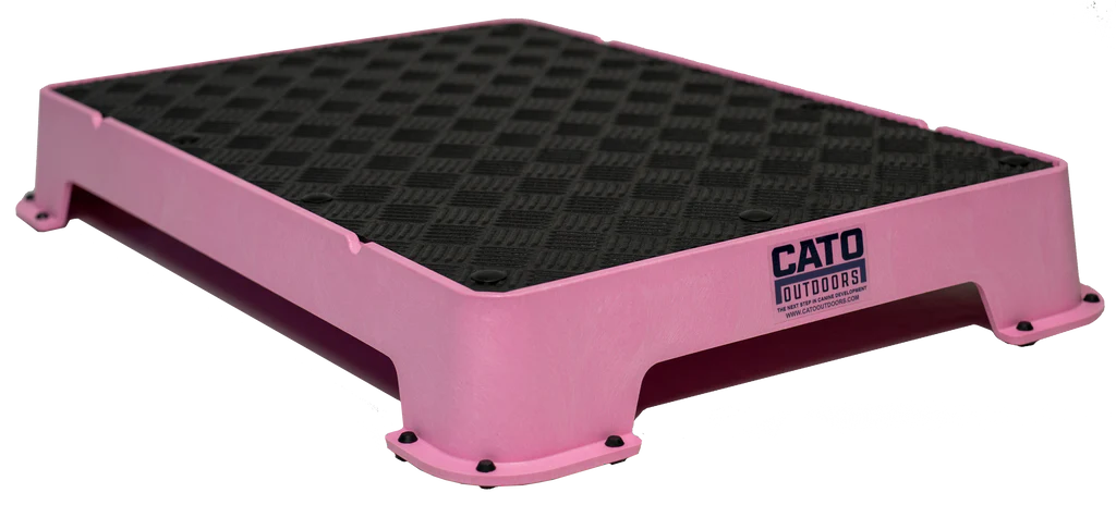Cato Board Dog Training Platform – The Ultimate Place Board for Dogs Pink Rubber used during a German Shorthaired Pointer training session. Ideal for professional bird dog training and upland hunting dogs retrieving game. Perfect gear for puppy training courses demonstration.