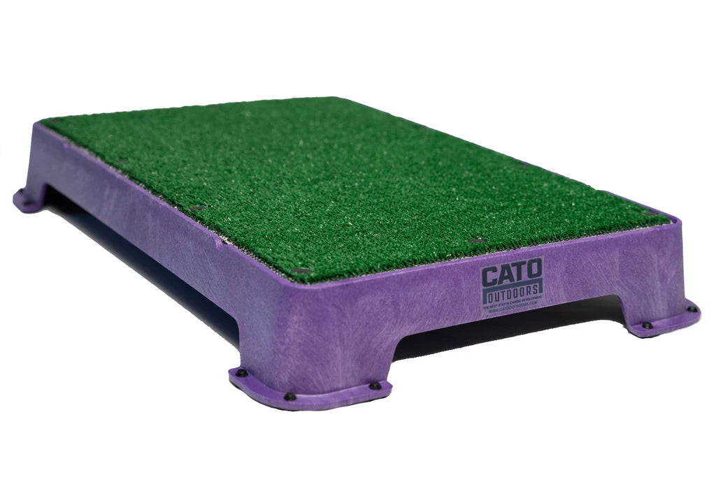 Cato Board Dog Training Platform – The Ultimate Place Board for Dogs Purple Turf used during a German Shorthaired Pointer training session. Ideal for professional bird dog training and upland hunting dogs retrieving game. Perfect gear for puppy training courses demonstration.