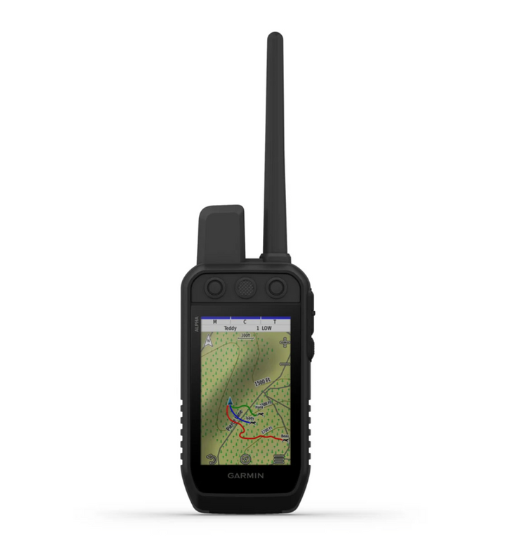Garmin Alpha 300I handheld GPS device with touchscreen displaying topographic map and tracking features.