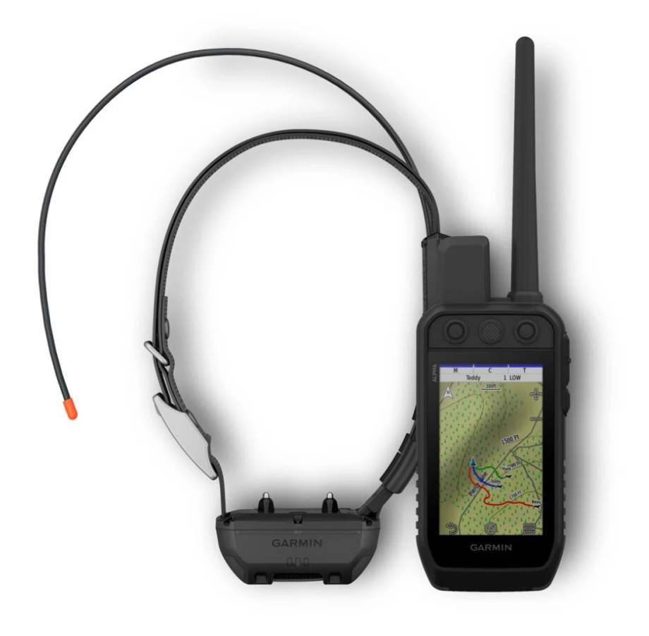 Garmin Alpha 300I with handheld GPS and dog tracking collar displaying topographic map and tracking data.