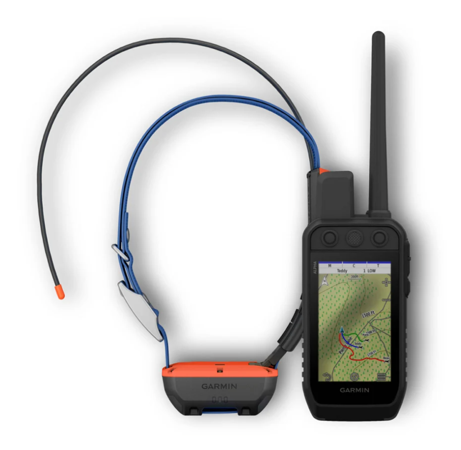 Garmin Alpha 300I handheld dog tracker with touchscreen, antenna, and compatible tracking collar displaying terrain map.
