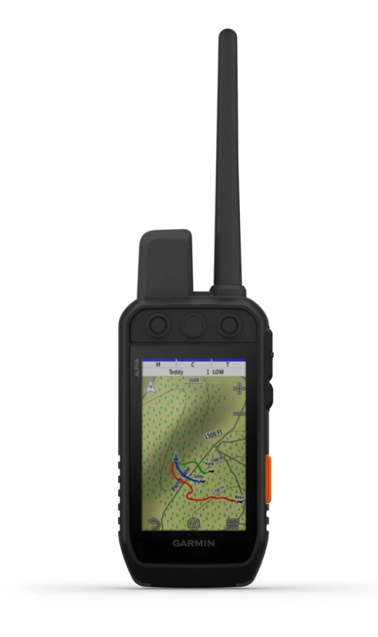 Garmin Alpha 300I handheld GPS tracking device with touchscreen showing detailed topographic map and navigation features.