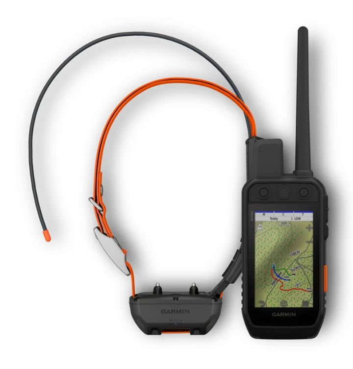 Garmin Alpha 300I handheld with orange dog tracking collar displaying topographic map for hunting navigation.