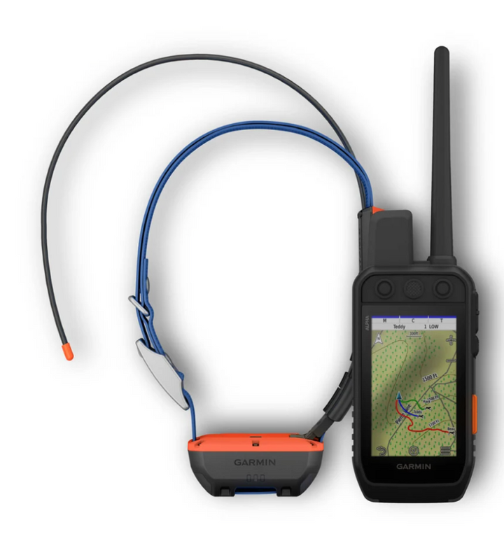 Garmin Alpha® 300I handheld GPS and dog tracking device with collar, touchscreen, and topographic map display.