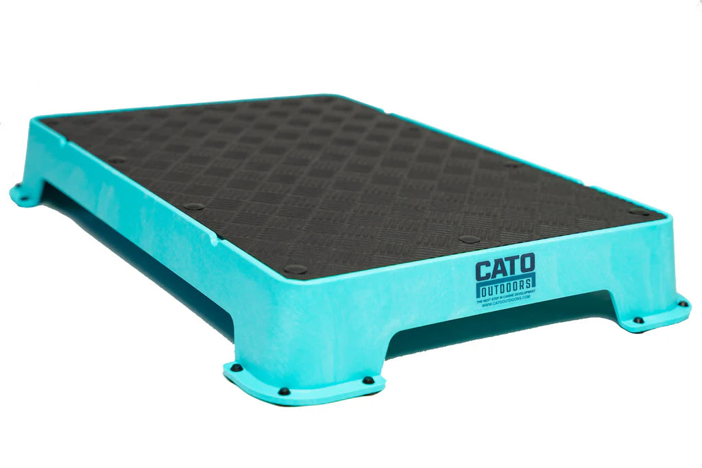 Cato Board Dog Training Platform – The Ultimate Place Board for Dogs Teal Rubber used during a German Shorthaired Pointer training session. Ideal for professional bird dog training and upland hunting dogs retrieving game. Perfect gear for puppy training courses demonstration.