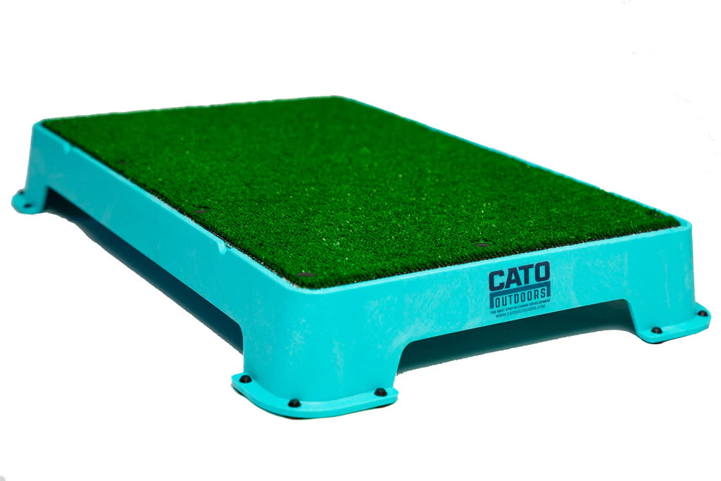 Cato Board Dog Training Platform – The Ultimate Place Board for Dogs Teal Turf used during a German Shorthaired Pointer training session. Ideal for professional bird dog training and upland hunting dogs retrieving game. Perfect gear for puppy training courses demonstration.