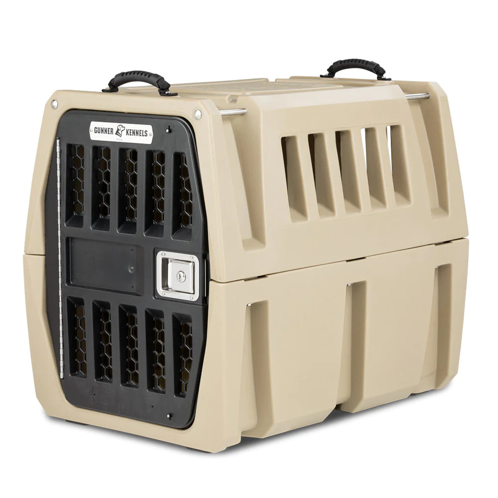 GUNNER G1™ KENNEL sturdy beige double-walled dog crate with secure lock and ventilation handles.